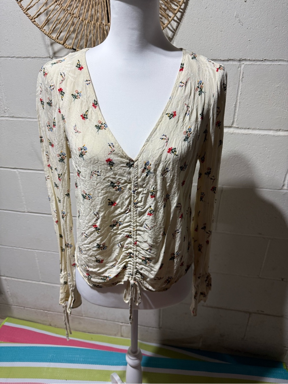 Urban Outfitters Cream Floral Ruched V-Neck Blouse